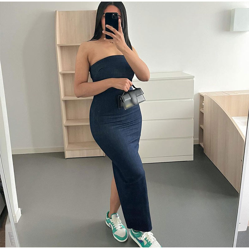 Strapless Jean Slit Midi Dress