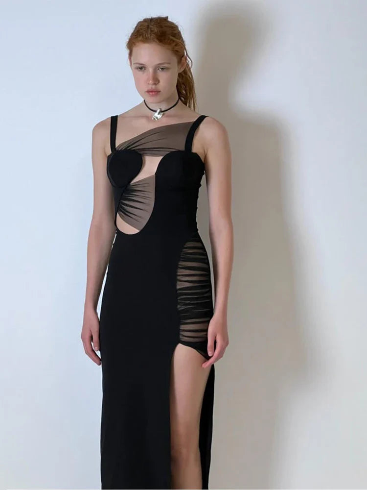 Elite Event Slit Long Mesh Dress-Black