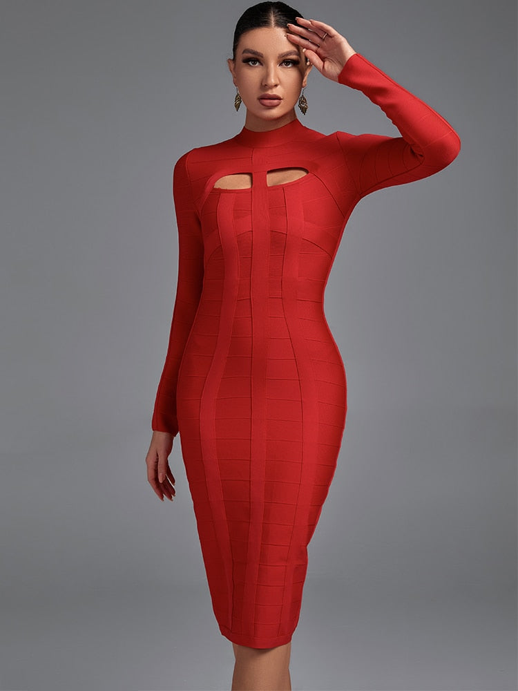 Cut-Out Long Sleeves Party Bandage Clubwear Midi Dress