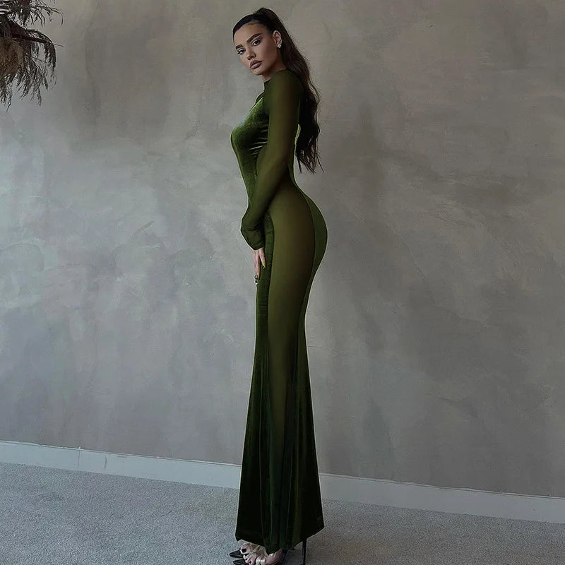 Velvet Mesh Splicing Long-sleeved Dress