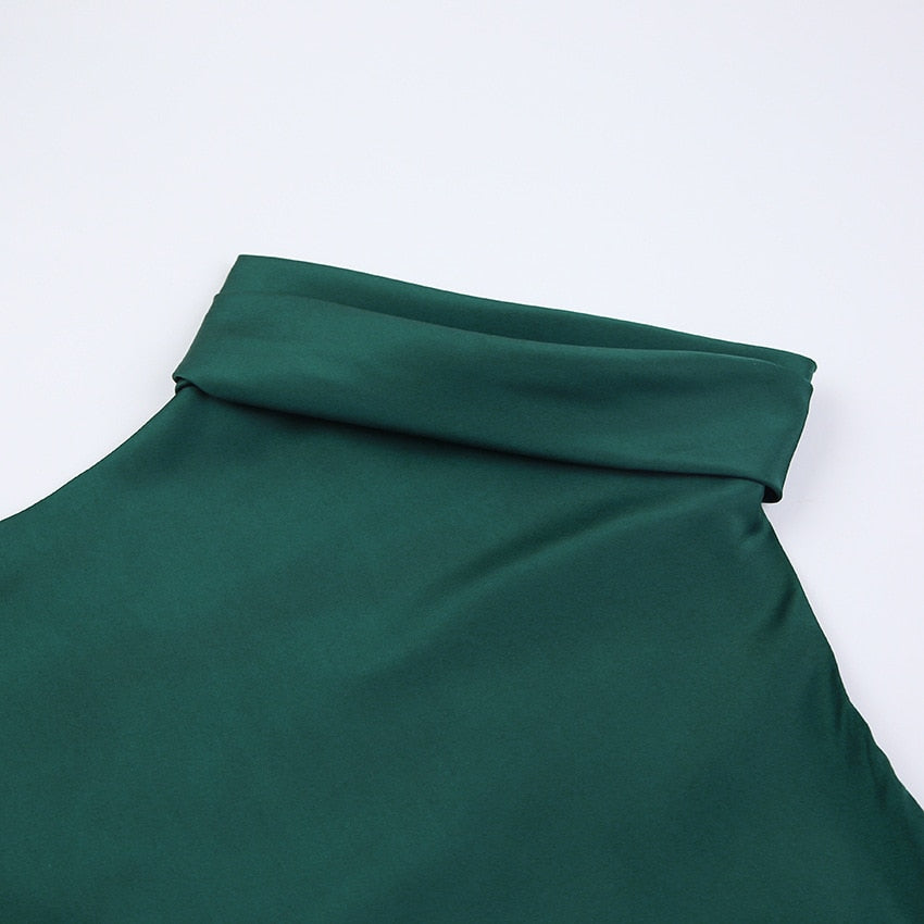 Satin Halter Sleeveless Dress-Green