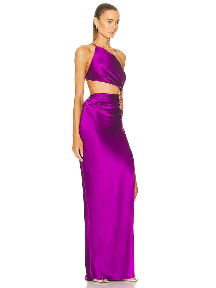 Tara Slant Shoulder High Slit Satin Celeb Dress