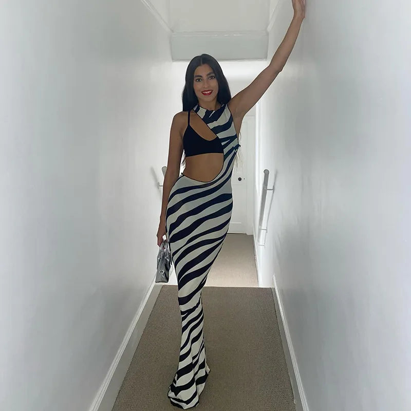Black Sheer Mesh Zebra Maxi Cutout Dress