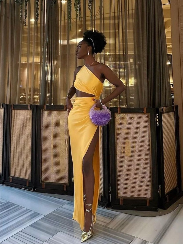 Tara Slant Shoulder High Slit Satin Celeb Dress