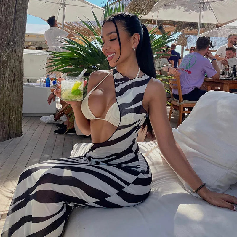 Black Sheer Mesh Zebra Maxi Cutout Dress
