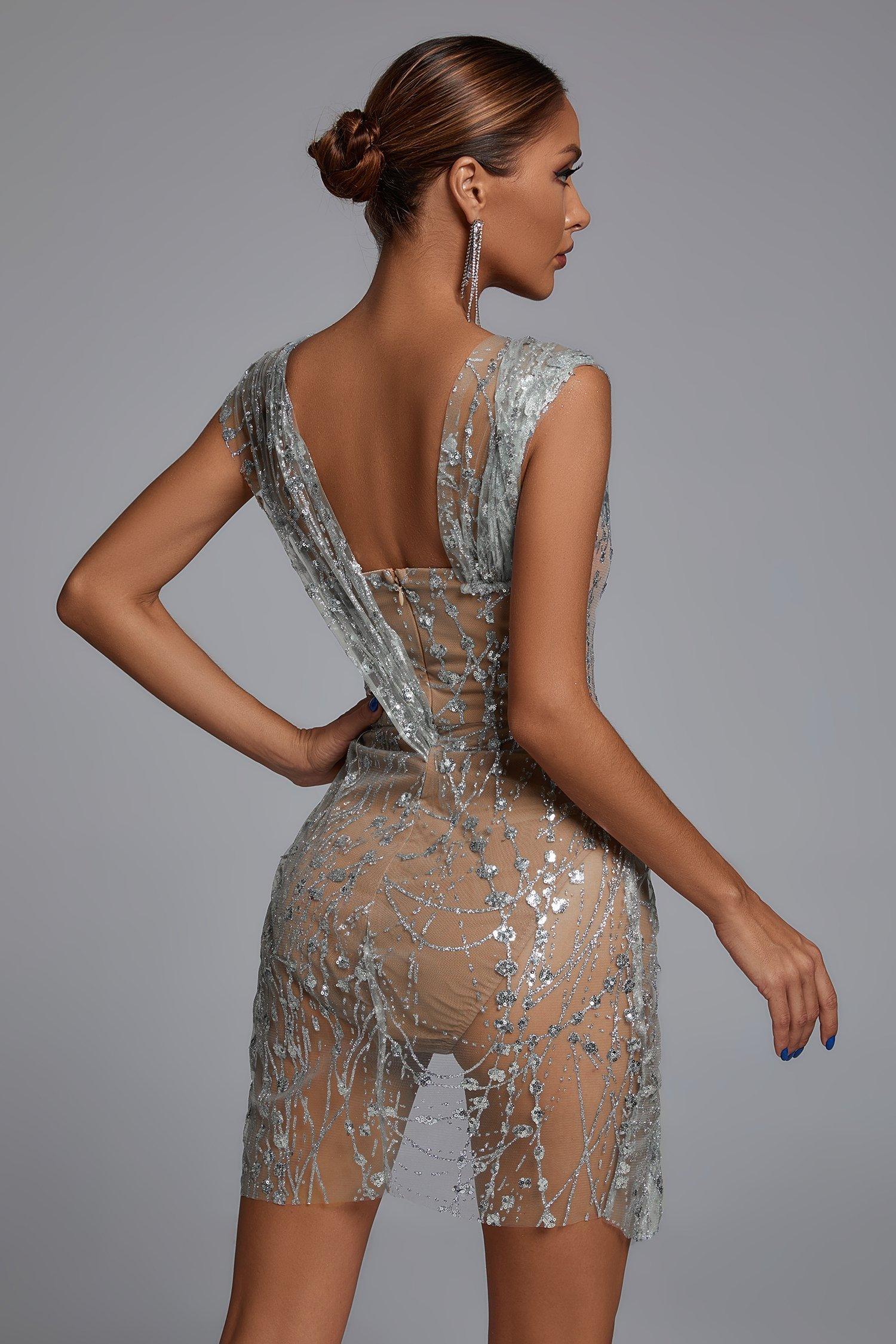 Ashua Off Shoulder Sequin Sheer Mini Dress-Silver