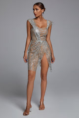 Ashua Off Shoulder Sequin Sheer Mini Dress-Silver