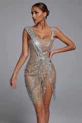 Ashua Off Shoulder Sequin Sheer Mini Dress-Silver