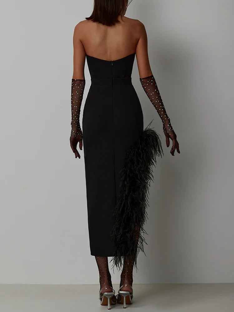 Strapless Feather Bandage Midi Dress