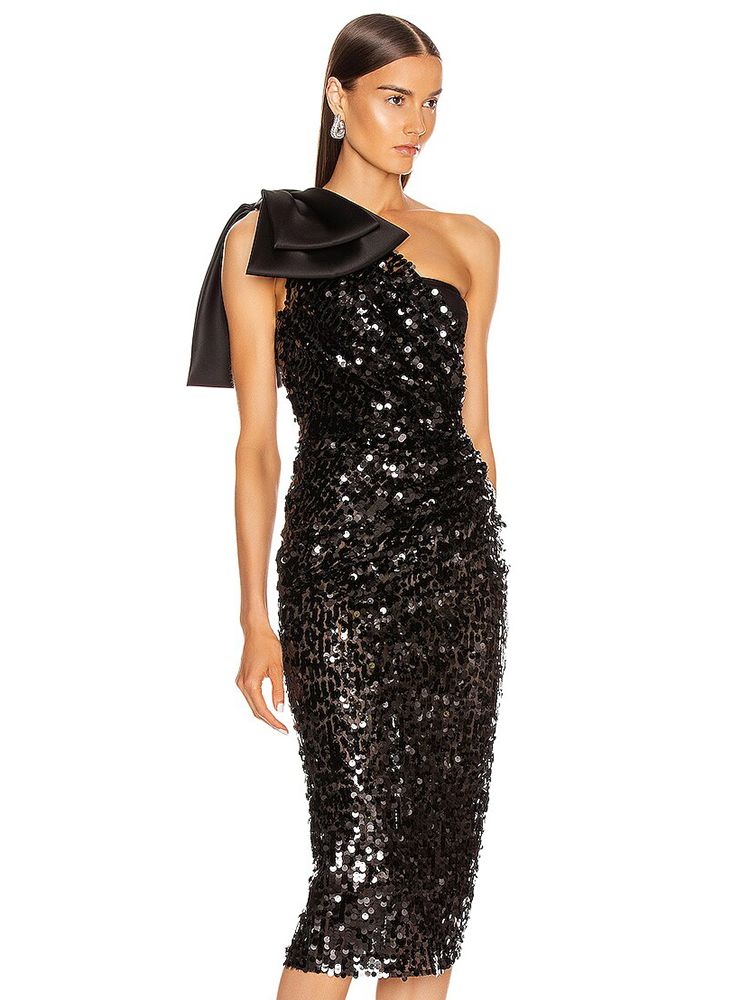 Elite One-shoulder Bow Sequined Sheath Dress