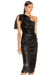 Elite One-shoulder Bow Sequined Sheath Dress