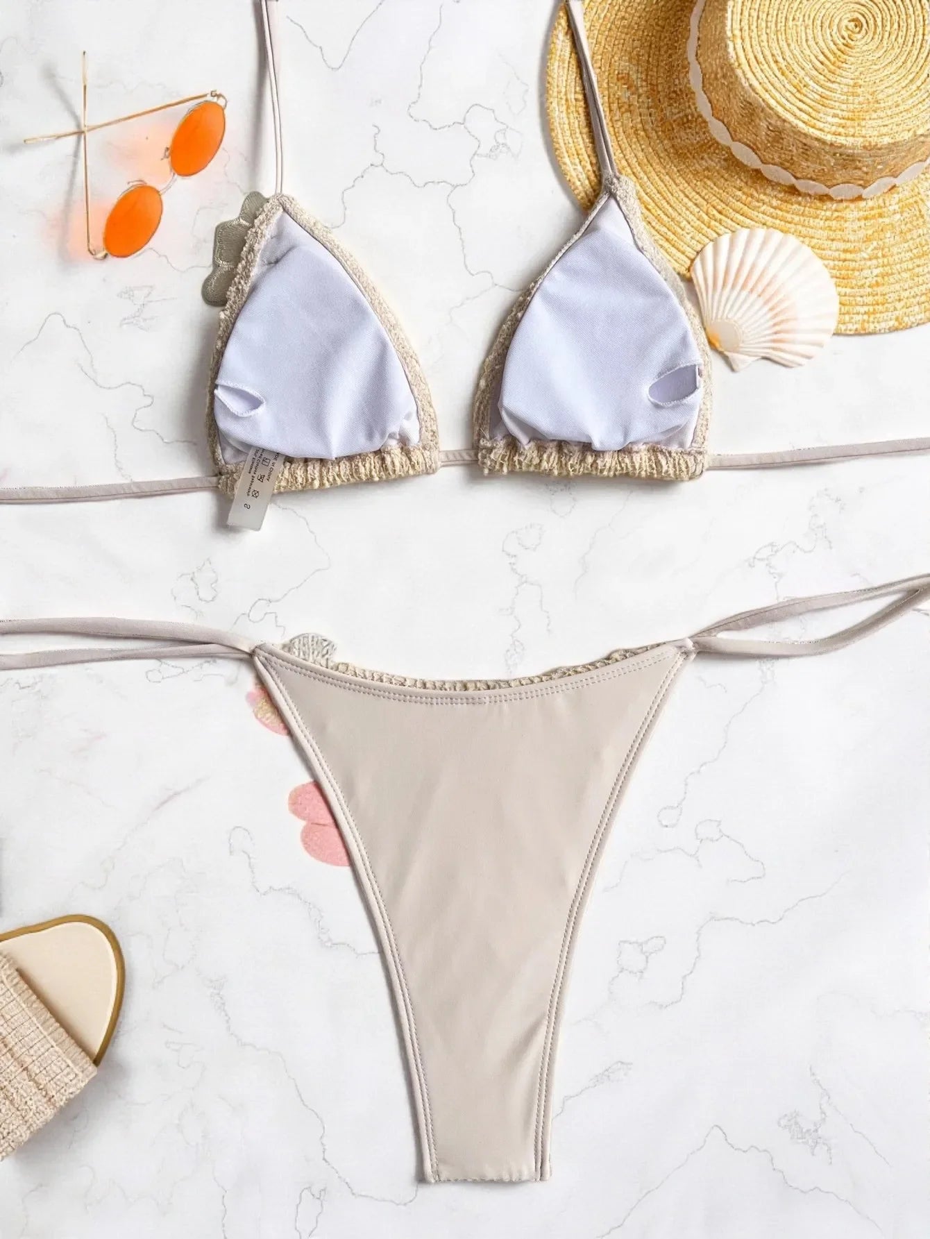 3D Flower Halter Push Up Bra Micro Bikini Beige Pink Bandage Thong Swimsuit Holiday Bathing Suit Swimwear