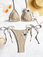 3D Flower Halter Push Up Bra Micro Bikini Beige Pink Bandage Thong Swimsuit Holiday Bathing Suit Swimwear