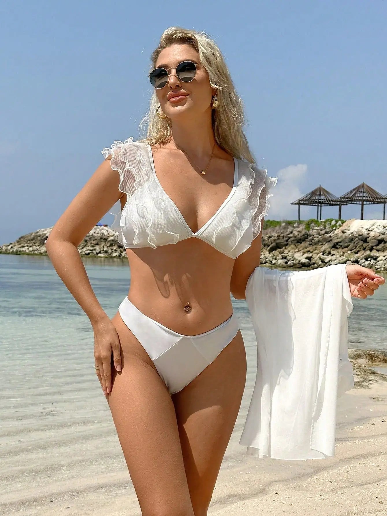 3D Flower Long Skirt 3 Piece Bikini Set