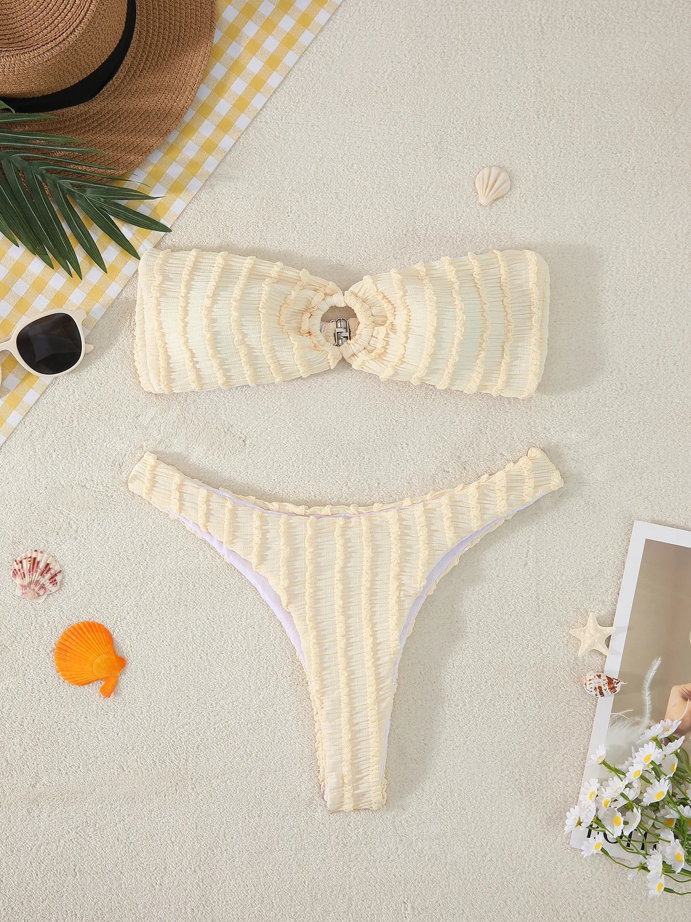 Bandeau Bikini Front Ring Hole Out Push Up High Waist Swimsuit Yellow Bathing Suit Two Piece Swimwear