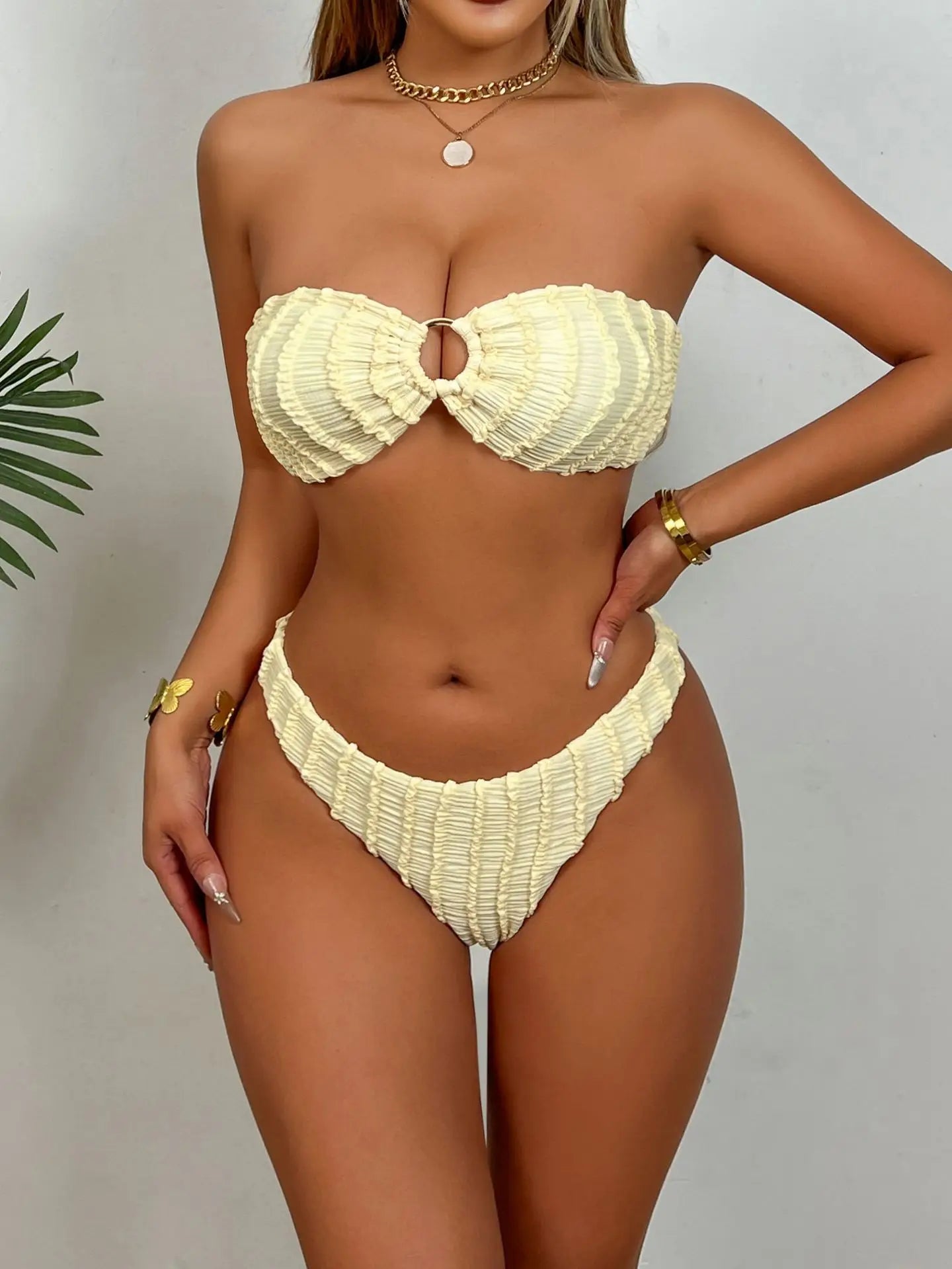 Bandeau Bikini Front Ring Hole Out Push Up High Waist Swimsuit Yellow Bathing Suit Two Piece Swimwear