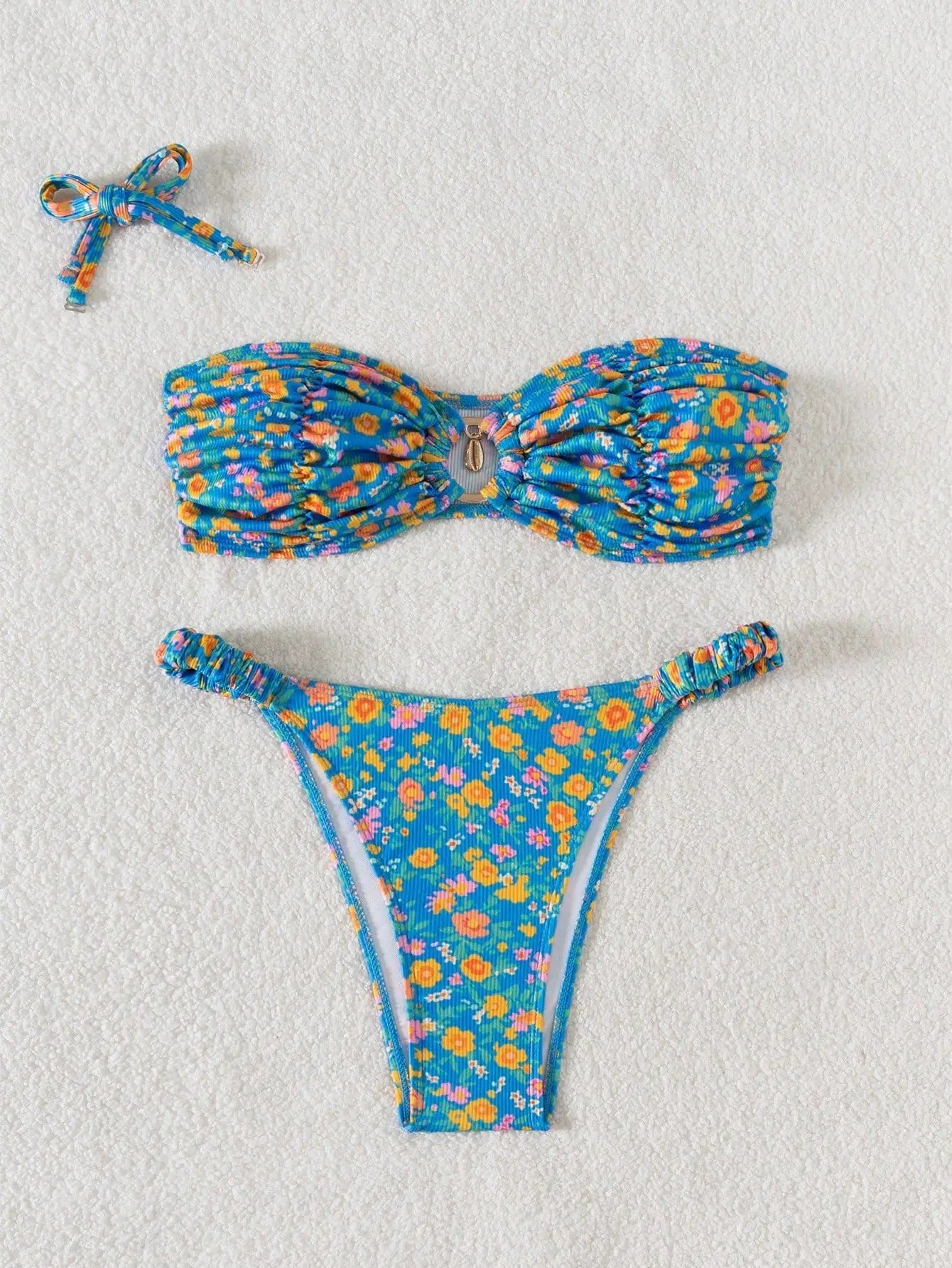 Bandeau Bikini Metal Ringt Linked Pleate Push Up Micro Swimsuit Brazilian Beach Bathing Suit Swimwear Biquini