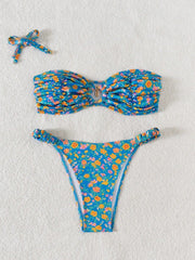 Bandeau Bikini Metal Ringt Linked Pleate Push Up Micro Swimsuit Brazilian Beach Bathing Suit Swimwear Biquini