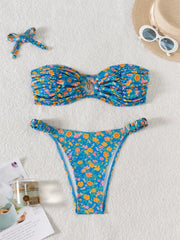 Bandeau Bikini Metal Ringt Linked Pleate Push Up Micro Swimsuit Brazilian Beach Bathing Suit Swimwear Biquini