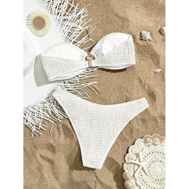 Bandeau Bikini Pink White Metal Circle Ornament Push Up Bra High Waist Swimsuit Beach Bathing Suit Pool Swimwear