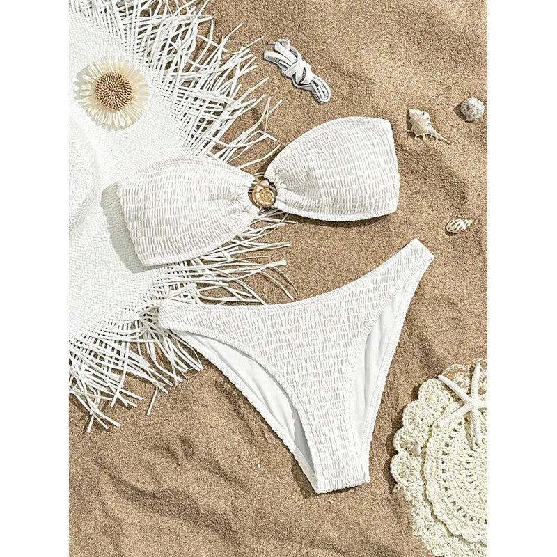 Bandeau Bikini Pink White Metal Circle Ornament Push Up Bra High Waist Swimsuit Beach Bathing Suit Pool Swimwear
