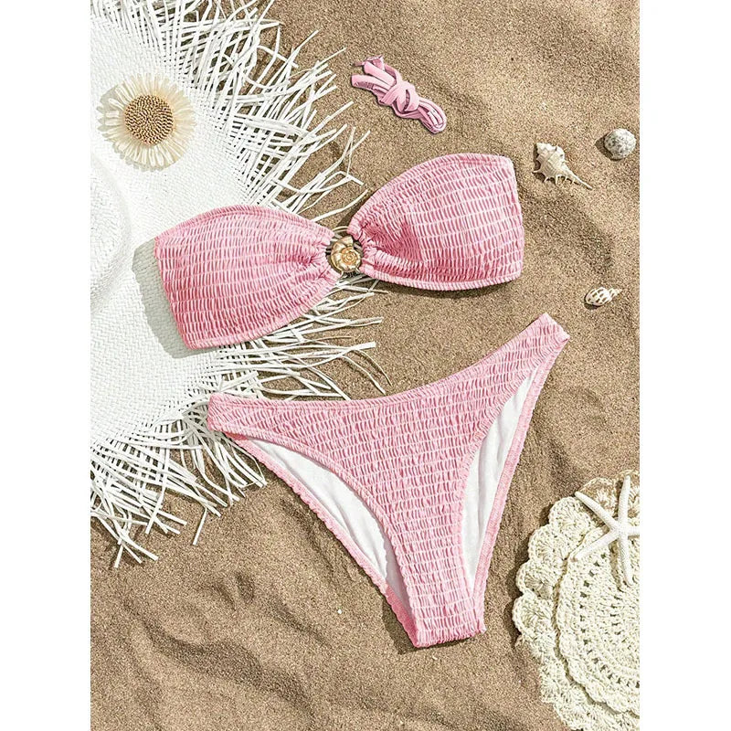 Bandeau Bikini Pink White Metal Circle Ornament Push Up Bra High Waist Swimsuit Beach Bathing Suit Pool Swimwear