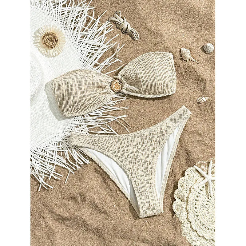 Bandeau Bikini Pink White Metal Circle Ornament Push Up Bra High Waist Swimsuit Beach Bathing Suit Pool Swimwear