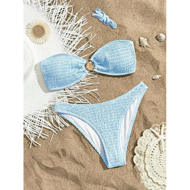 Bandeau Bikini Pink White Metal Circle Ornament Push Up Bra High Waist Swimsuit Beach Bathing Suit Pool Swimwear