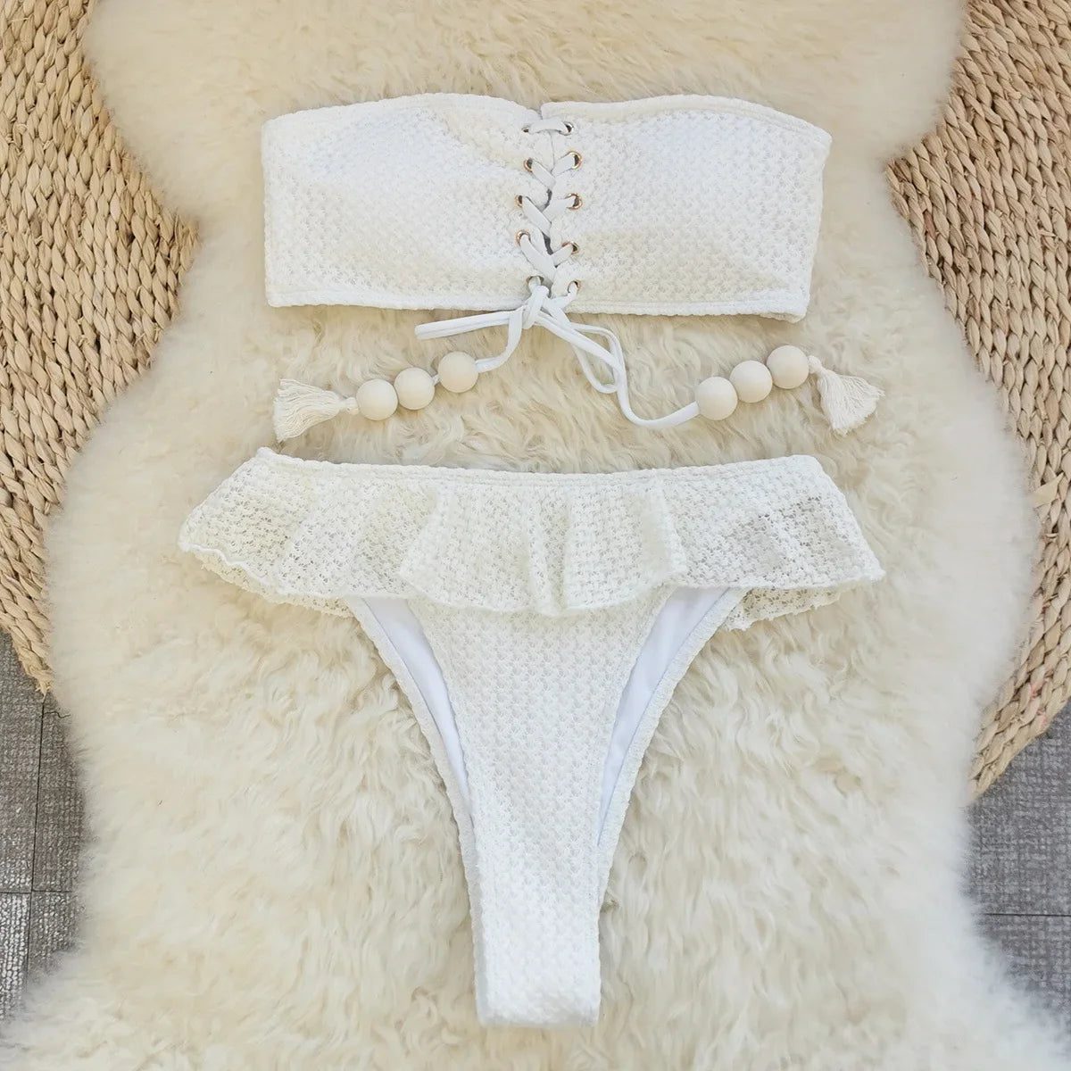 Bandeau Bikini White Bandage Cross Push Up Bra Ruffles High Waist Swimsuit Beach Bathing Suit