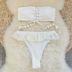 Bandeau Bikini White Bandage Cross Push Up Bra Ruffles High Waist Swimsuit Beach Bathing Suit