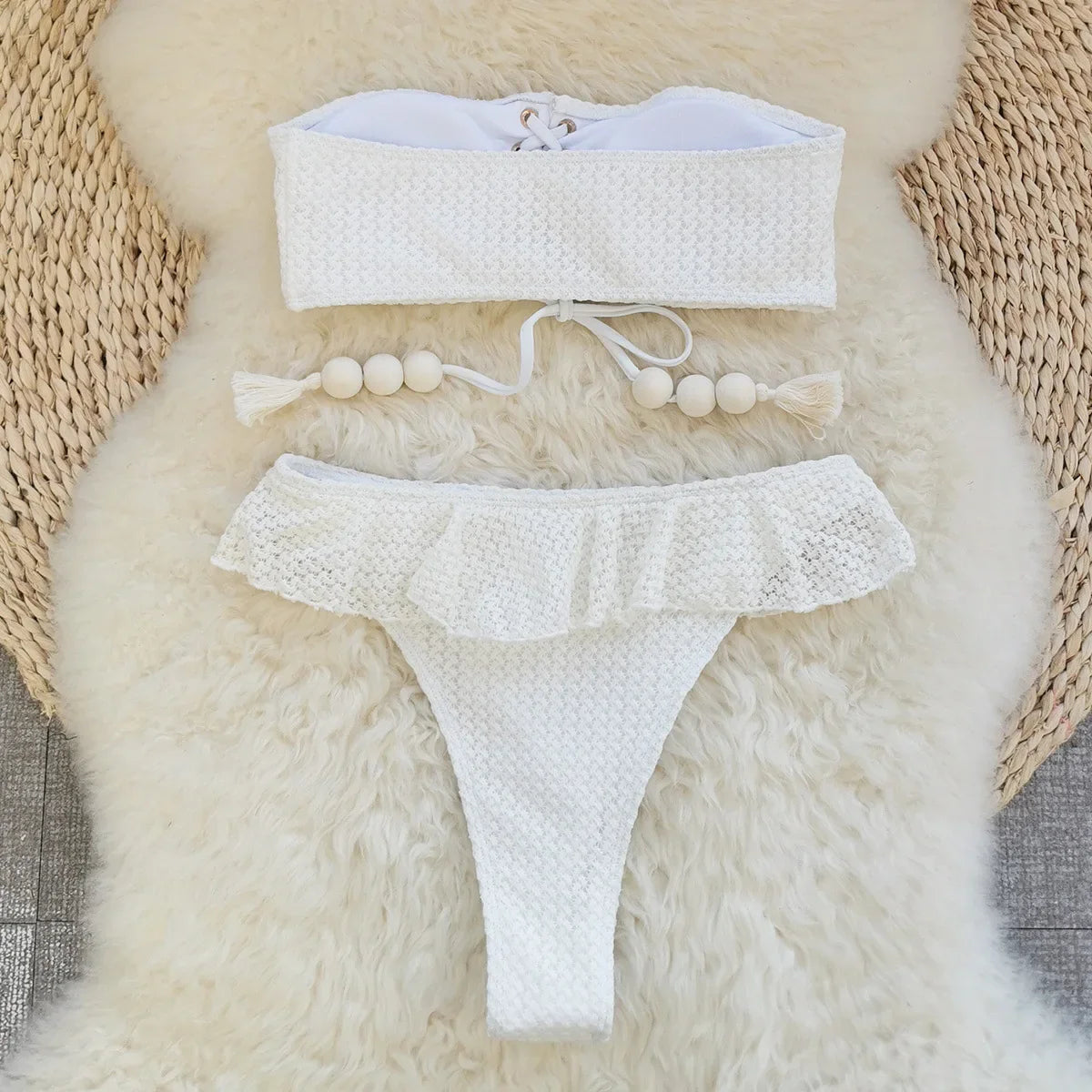 Bandeau Bikini White Bandage Cross Push Up Bra Ruffles High Waist Swimsuit Beach Bathing Suit