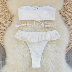 Bandeau Bikini White Bandage Cross Push Up Bra Ruffles High Waist Swimsuit Beach Bathing Suit