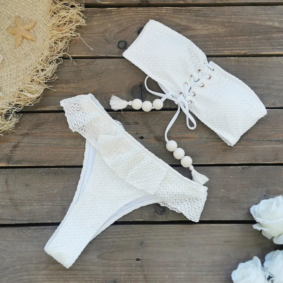 Bandeau Bikini White Bandage Cross Push Up Bra Ruffles High Waist Swimsuit Beach Bathing Suit