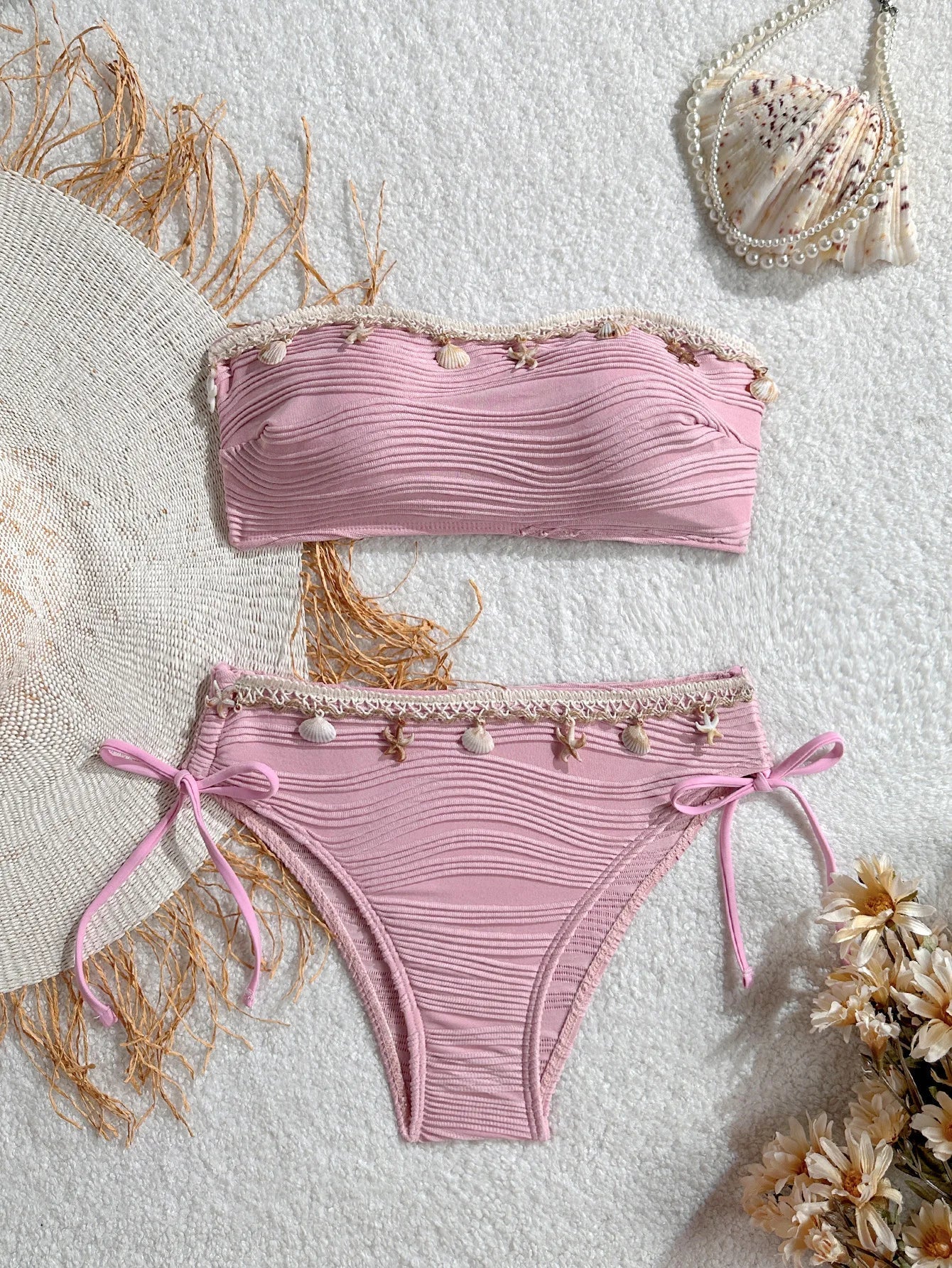 Bandeau Bikini Pink Shell Starfish Push Up Drawstring Side High Waist Swimsuit Beach Bathing Suit Micro Swimwear