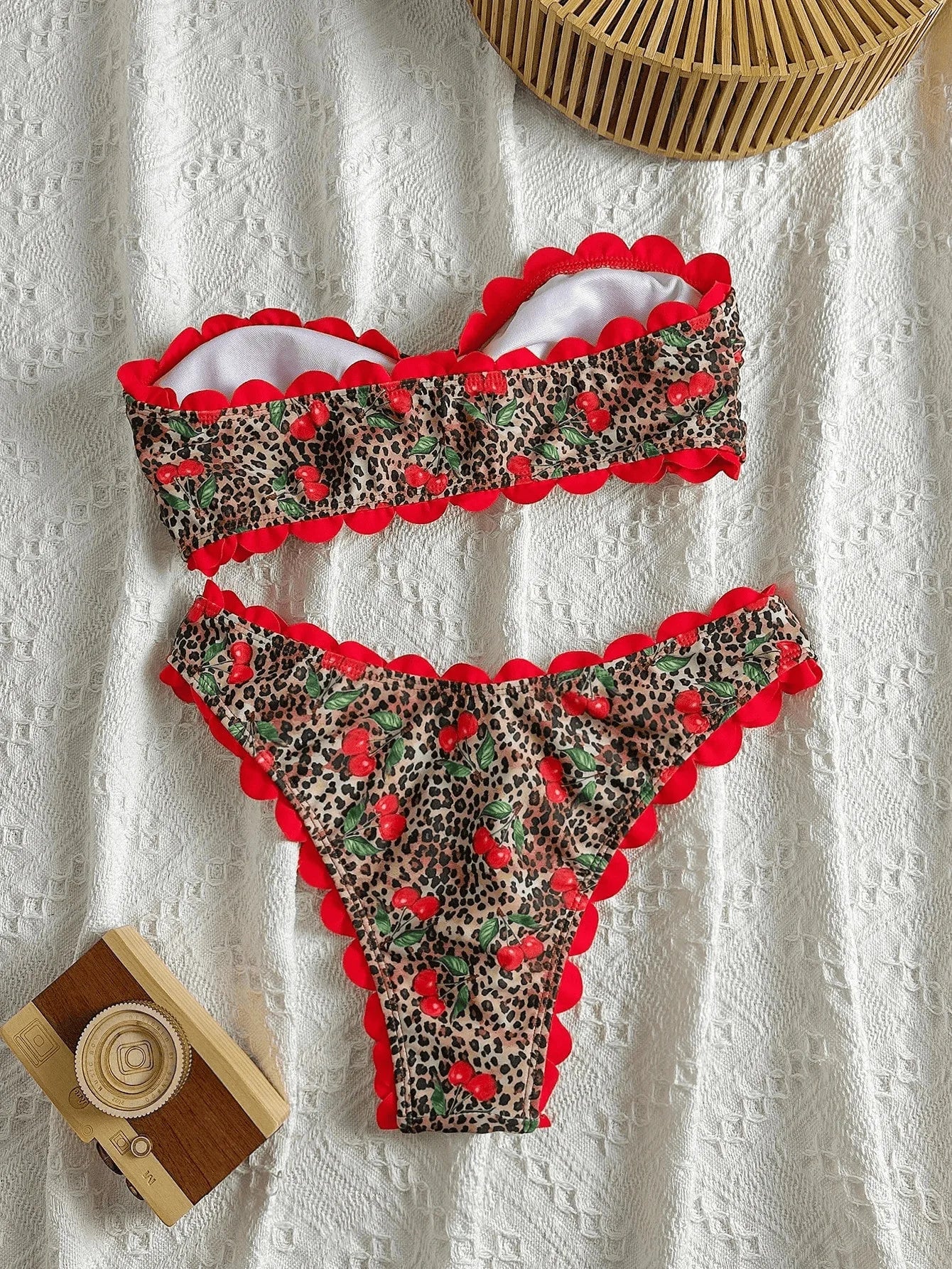 Bandeau Bikini Red Leopard Print Front Bow Push Up Bra High Waist Swimsuit Beach Bathing Suit Vacation Swimwear
