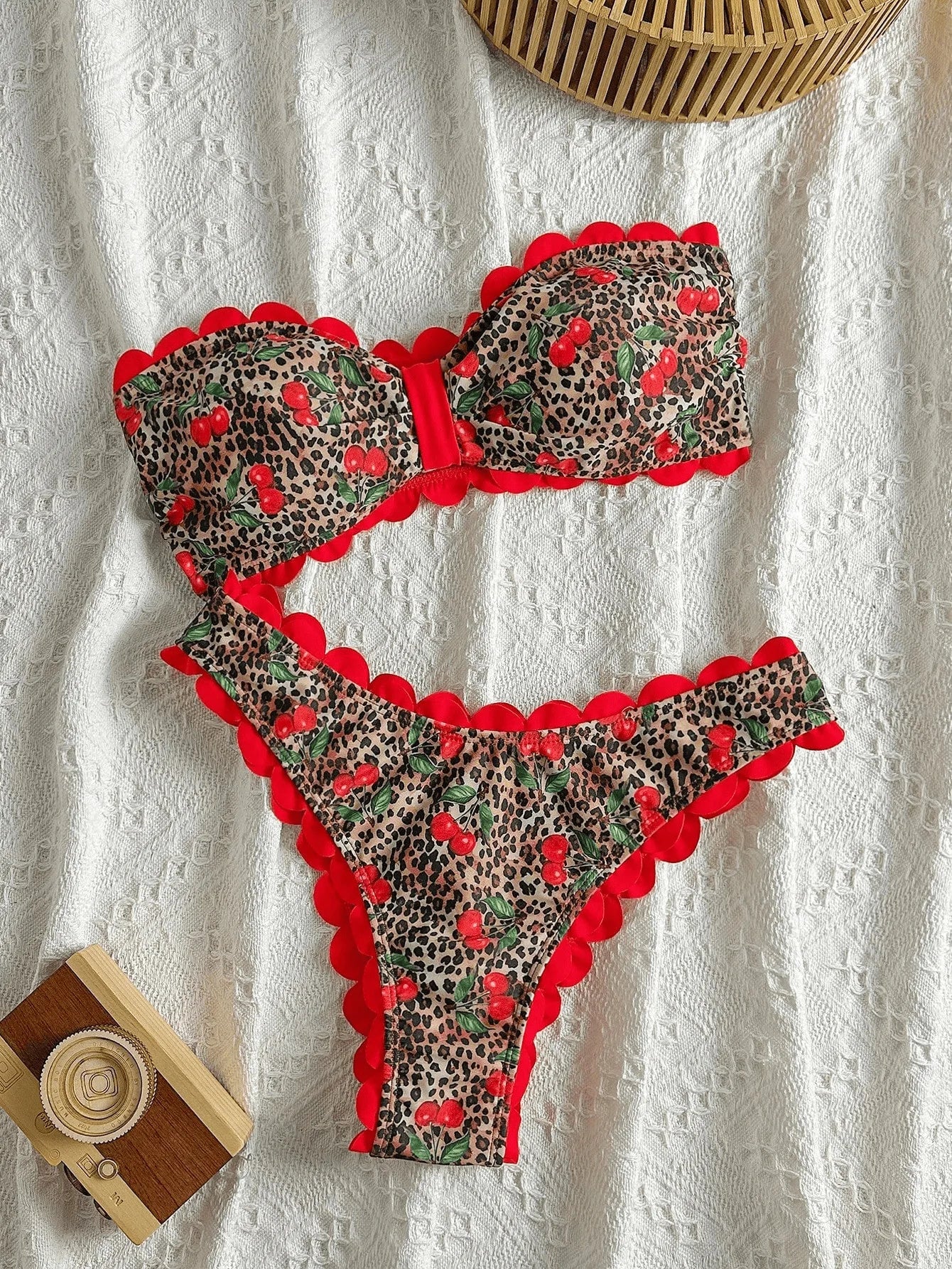 Bandeau Bikini Red Leopard Print Front Bow Push Up Bra High Waist Swimsuit Beach Bathing Suit Vacation Swimwear