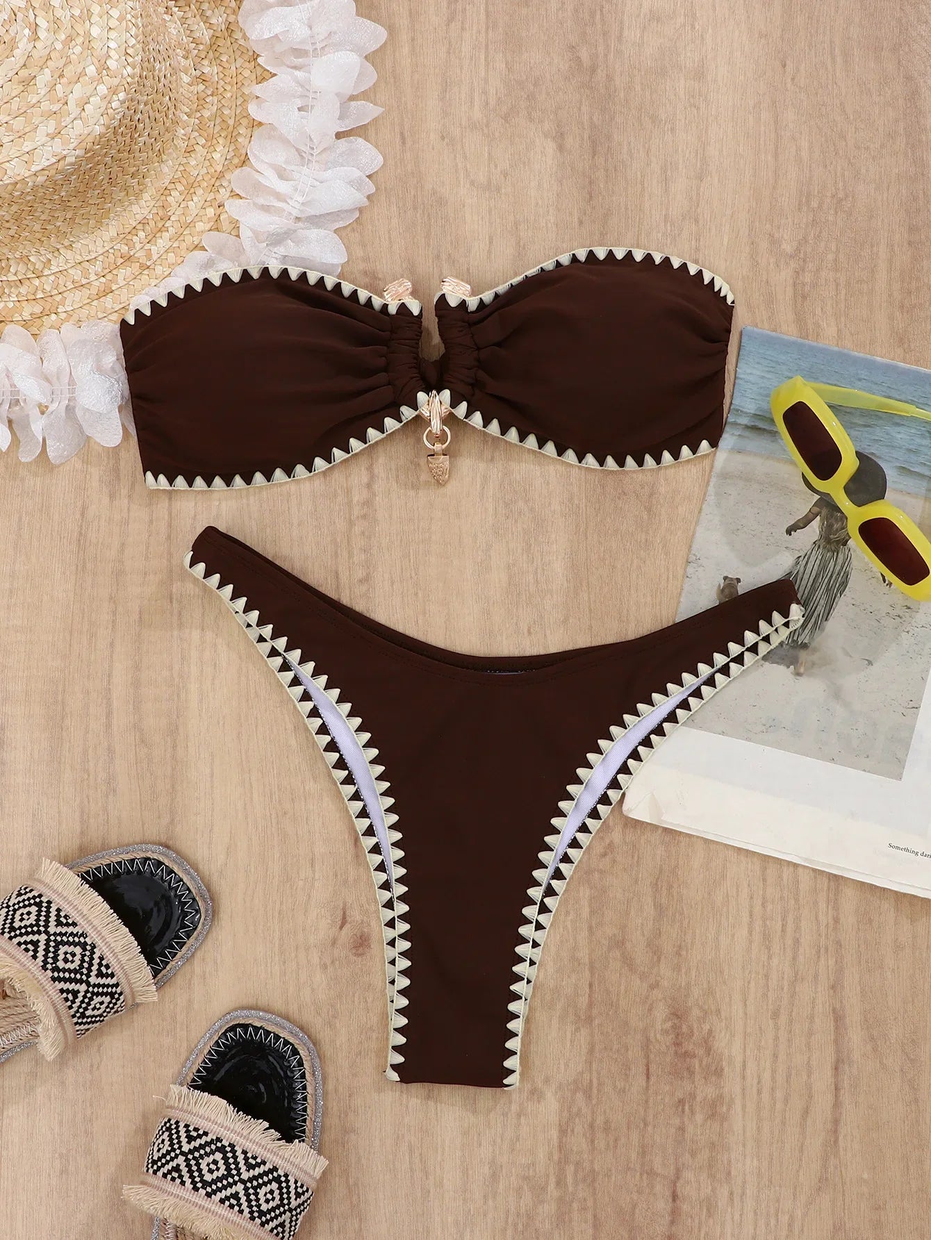 Bandeau micro Bikini Coffee Patchwork Metal U Neck Push Up Bra two piece Swimsuit Bathing Suit