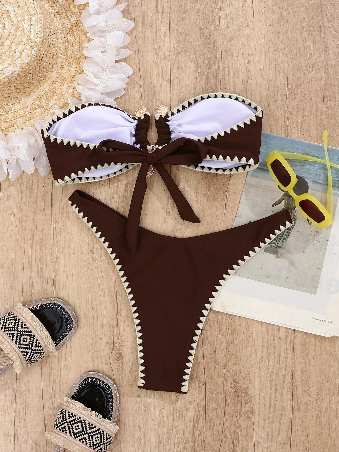 Bandeau micro Bikini Coffee Patchwork Metal U Neck Push Up Bra two piece Swimsuit Bathing Suit