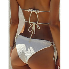 Beige Bikini Metal Ring Criss Cross Push Up Bra Tie Side Thong Swimsuit Beach Bathing Suit Holiday Pool Swimwear
