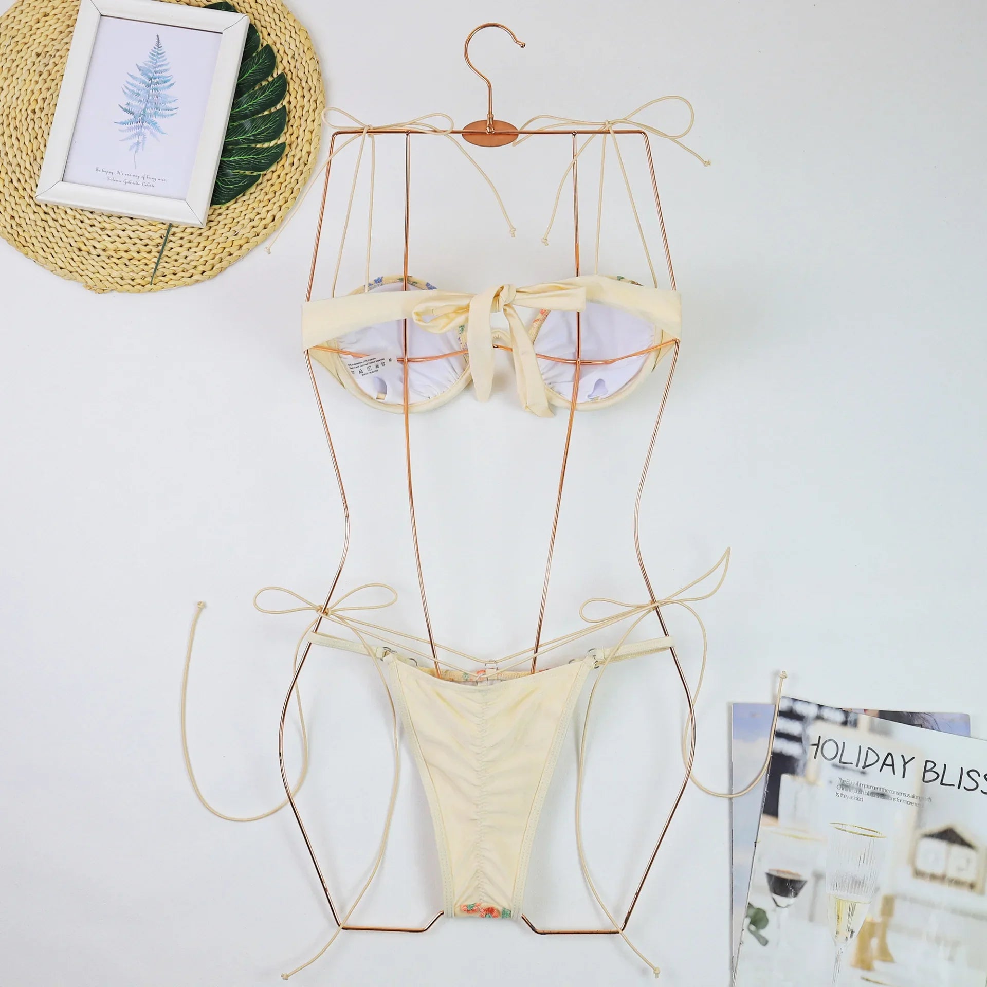 Beige Floral Embroidery Bikini Set
