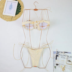 Beige Floral Embroidery Bikini Set