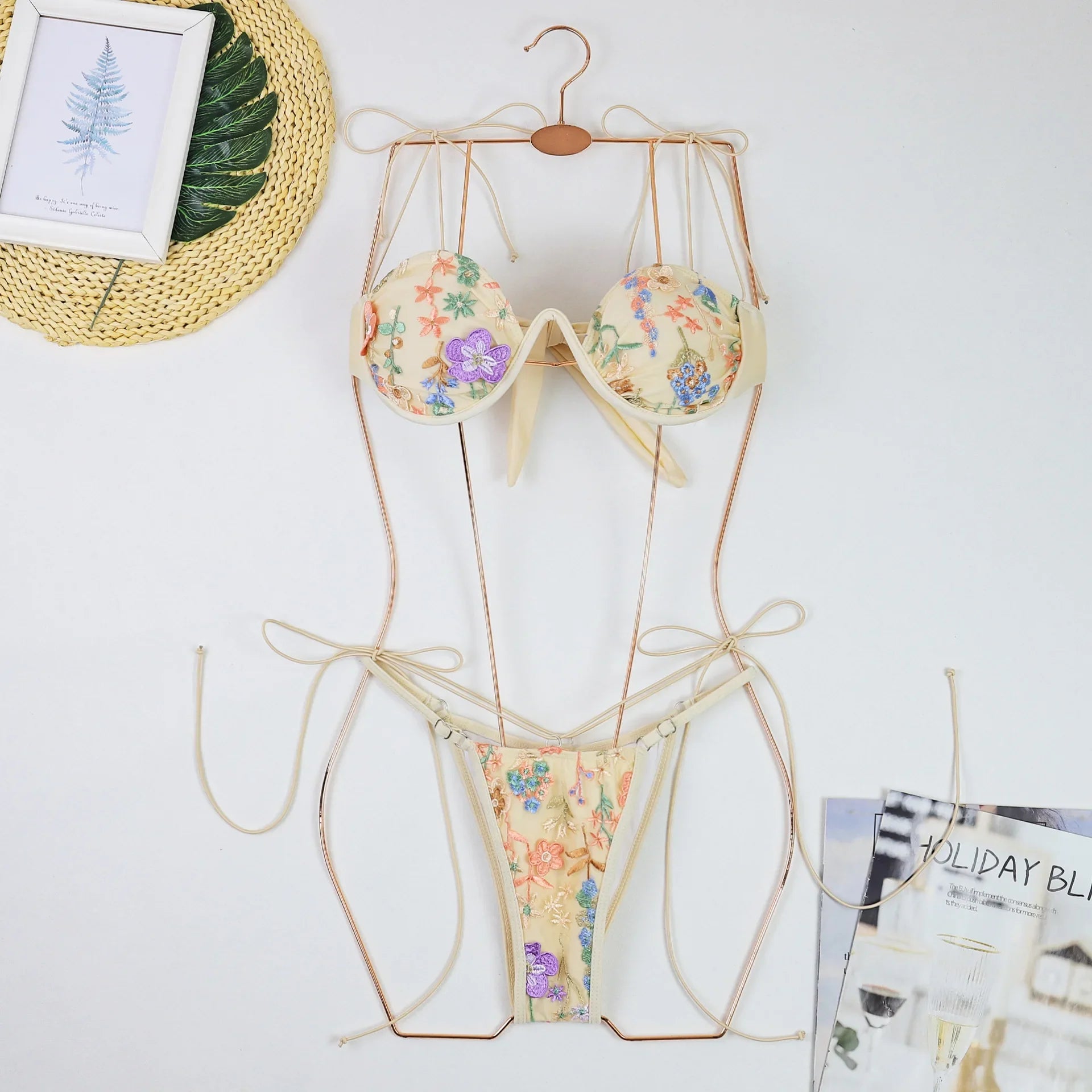 Beige Floral Embroidery Bikini Set