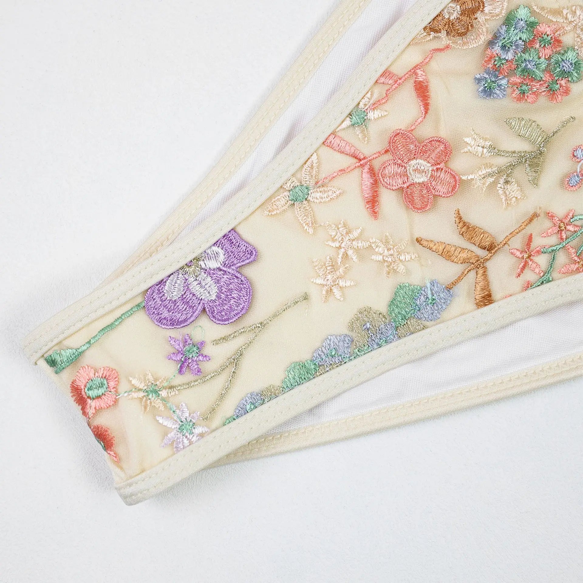 Beige Floral Embroidery Bikini Set