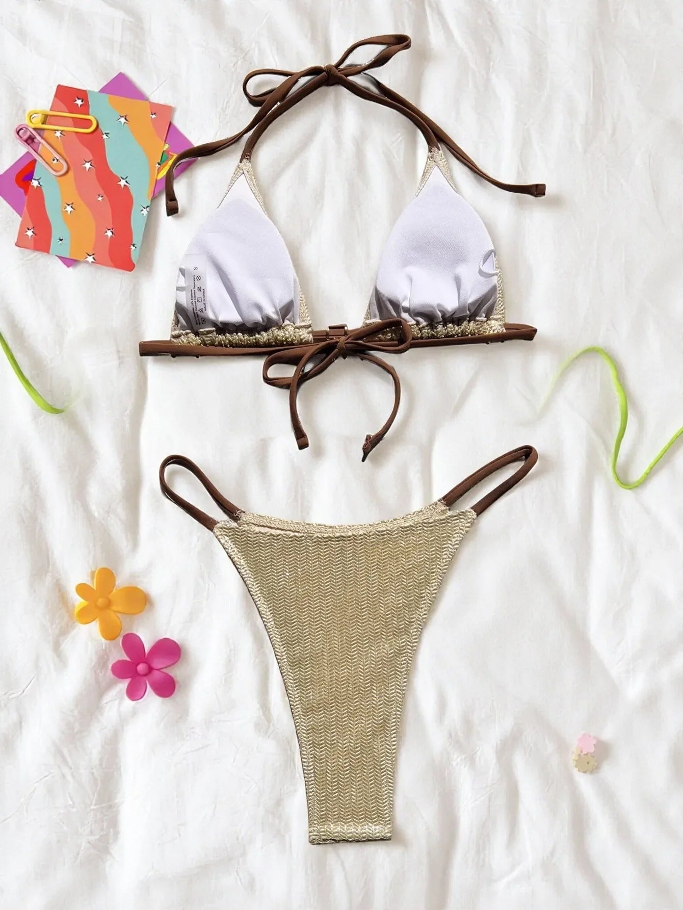 Beige Patchwork Ribbed Bikini Set
