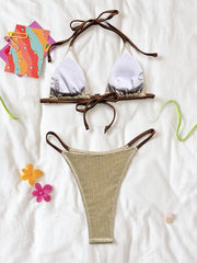 Beige Patchwork Ribbed Bikini Set