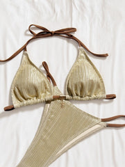 Beige Patchwork Ribbed Bikini Set