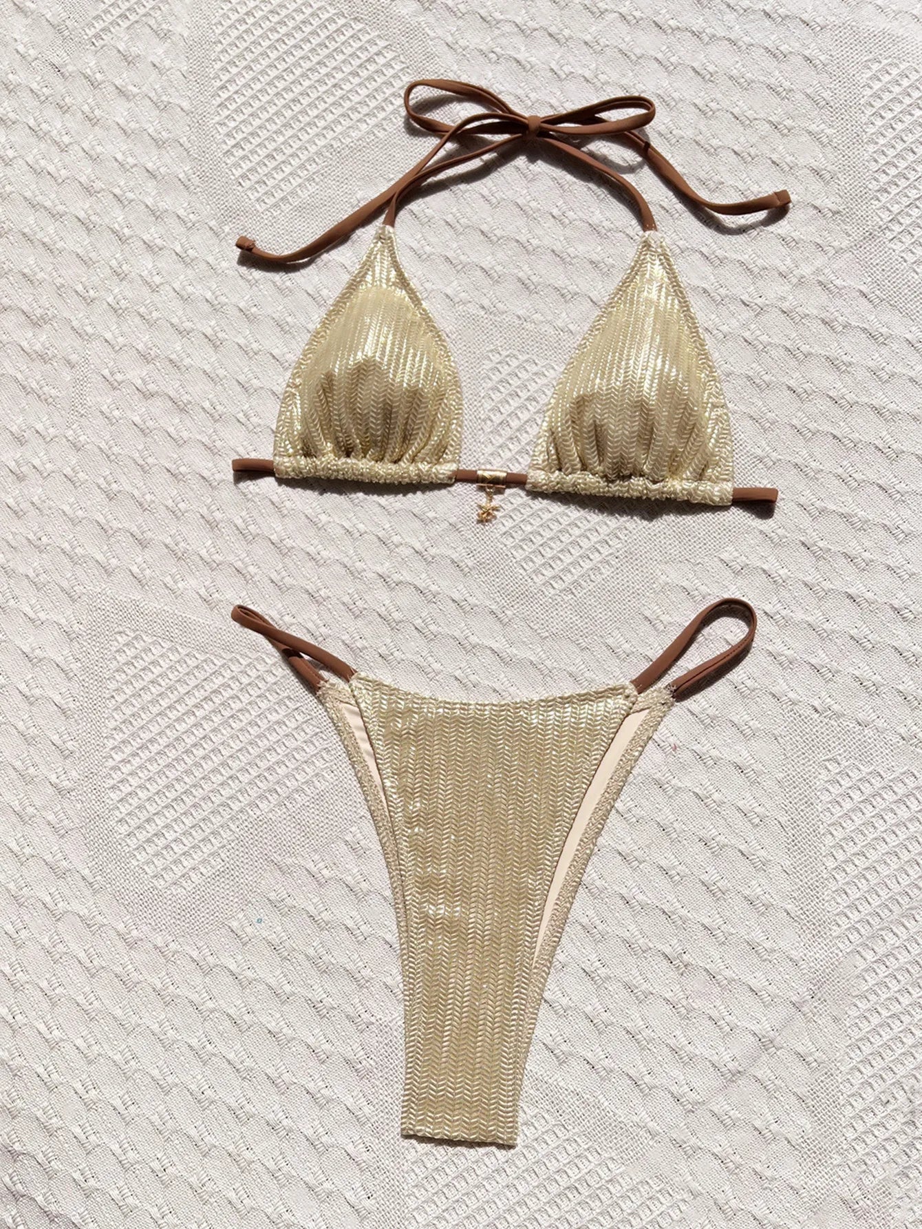 Beige Patchwork Ribbed Bikini Set