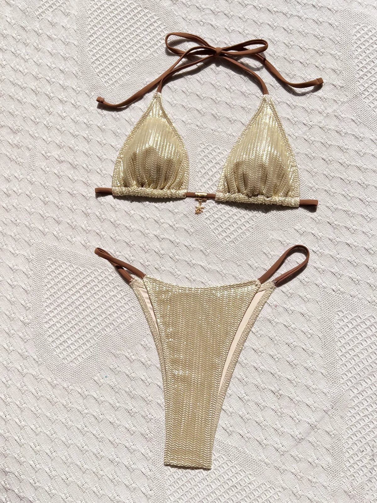 Beige Patchwork Ribbed Bikini Set