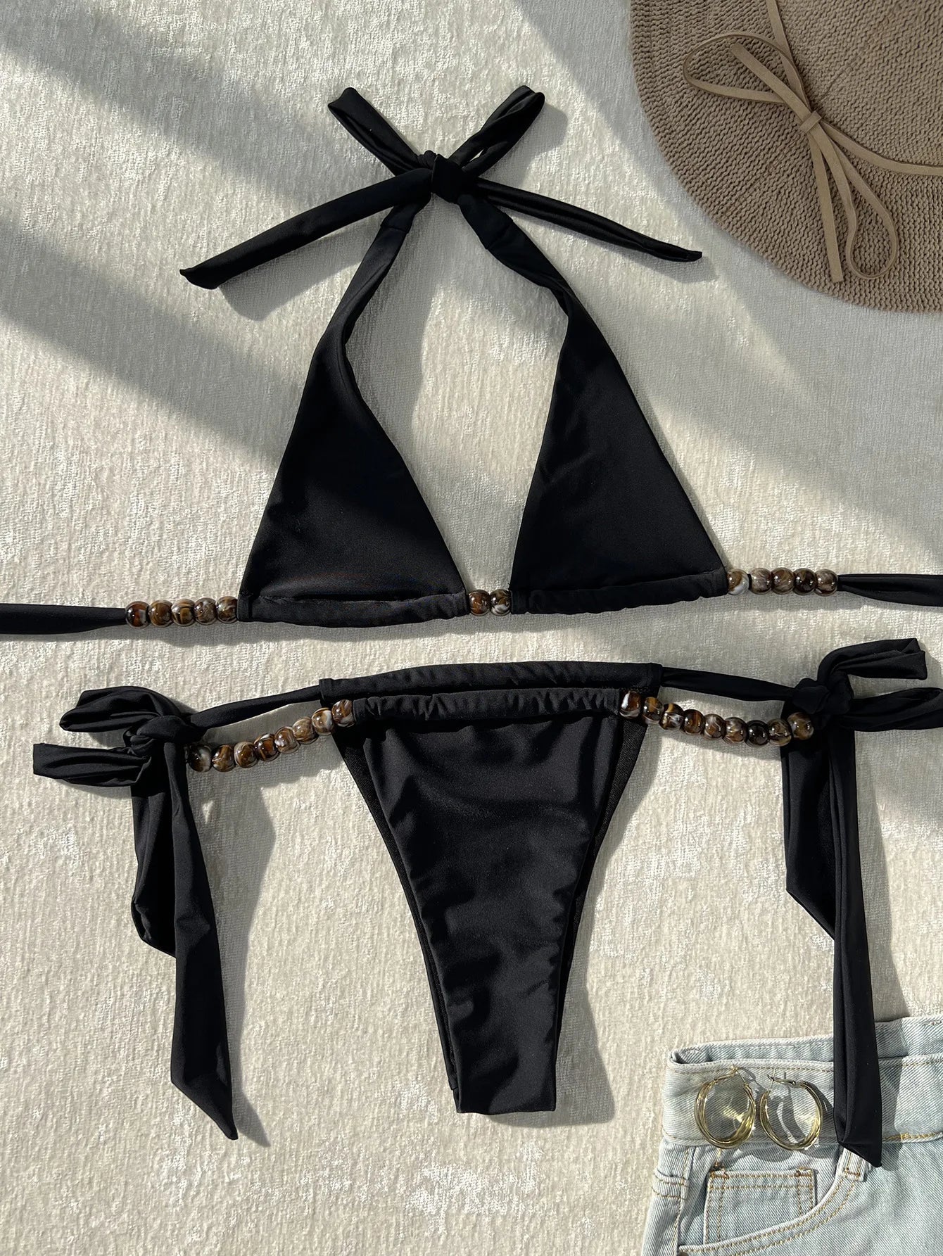 Black Amber Beads Bikinis Sets
