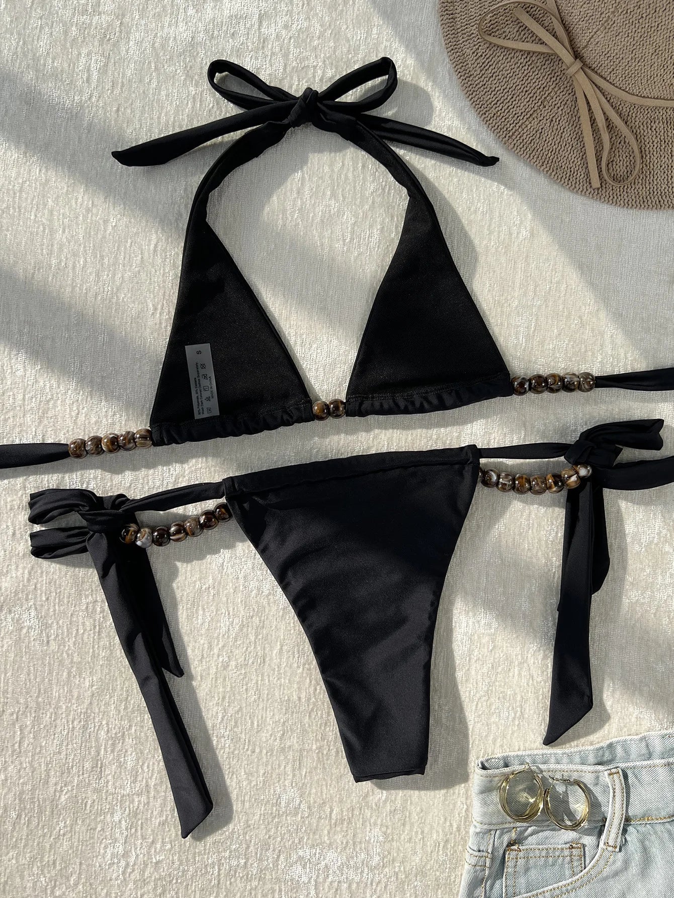 Black Amber Beads Bikinis Sets